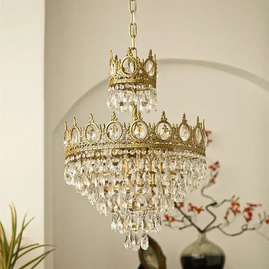 Vintage gold decorbites crown crystal chandelier with gold-toned crown design and clear crystal droplets for dining room light