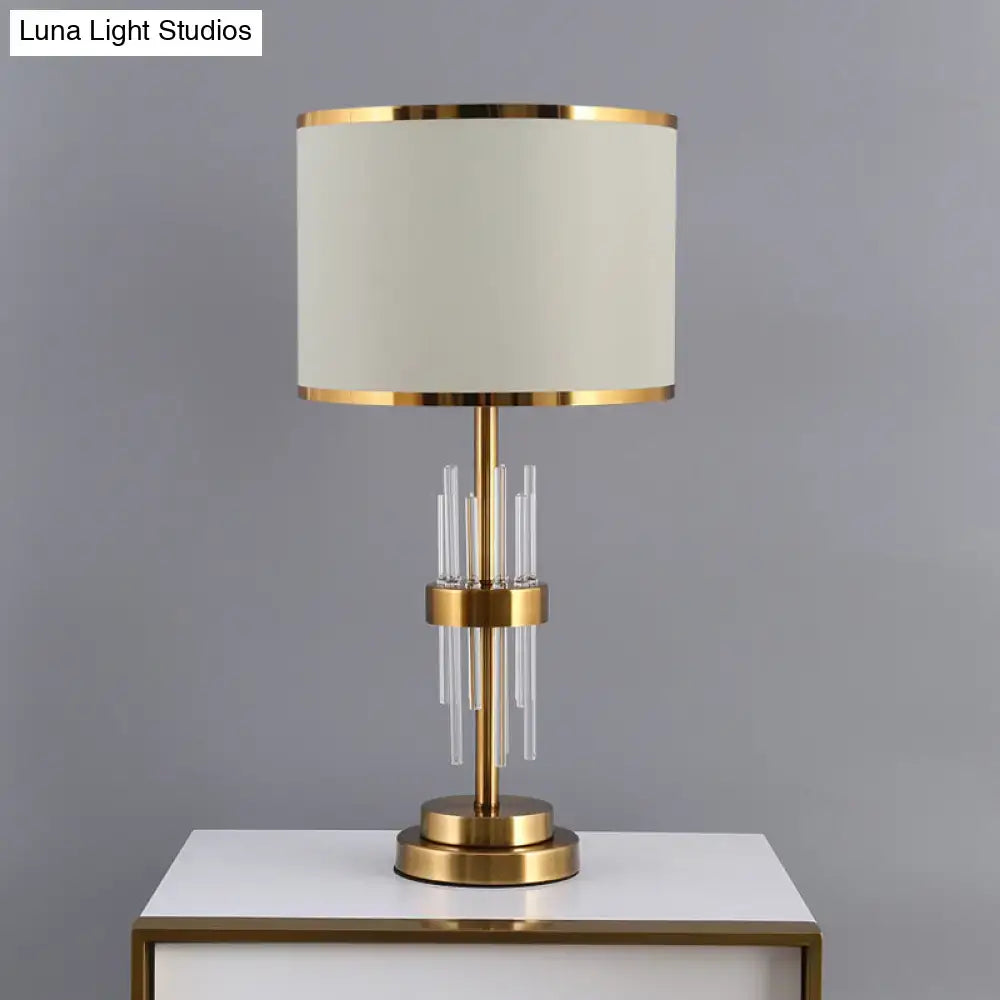 Gold-toned DecorBites™ vintage drum fabric nightstand lamp with cream shade and crystal rod for led incandescent fluorescent use