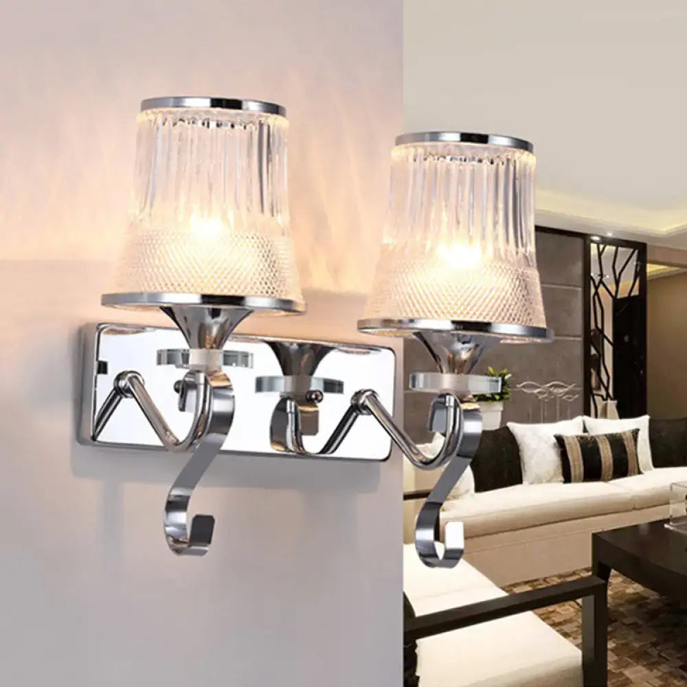 Vintage gold finish wall lamp with chrome double-arm and clear textured glass shades for bedroom use