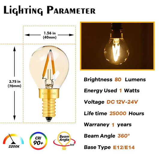 A warm vintage gold glass led filament bulb with clear globe and e12 e14 base for outdoor camping light