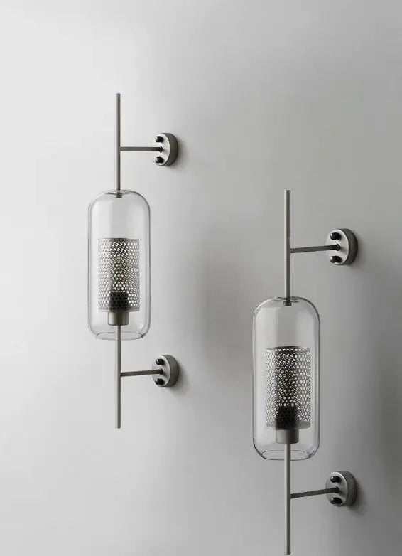 Modern minimalist wall sconce with clear glass cylinders and chrome arms for decorbites led wall bedroom lighting fixture