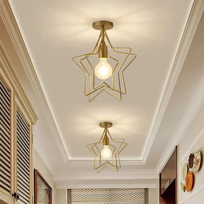 Vintage gold metal cage pendant light with gold star-shaped ceiling light, frosted bulb, ideal for restaurant and bar decorbites gold metal