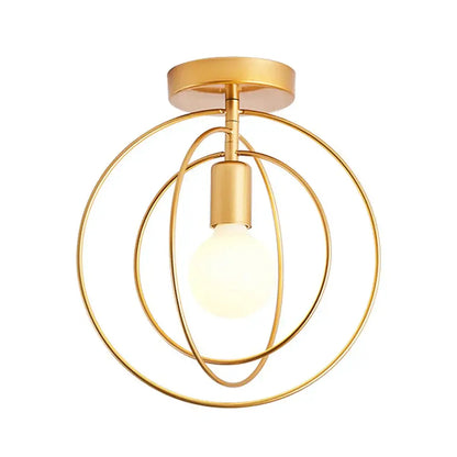Gold-toned vintage gold metal cage pendant light with concentric circular rings for restaurant and bar decorbites gold metal