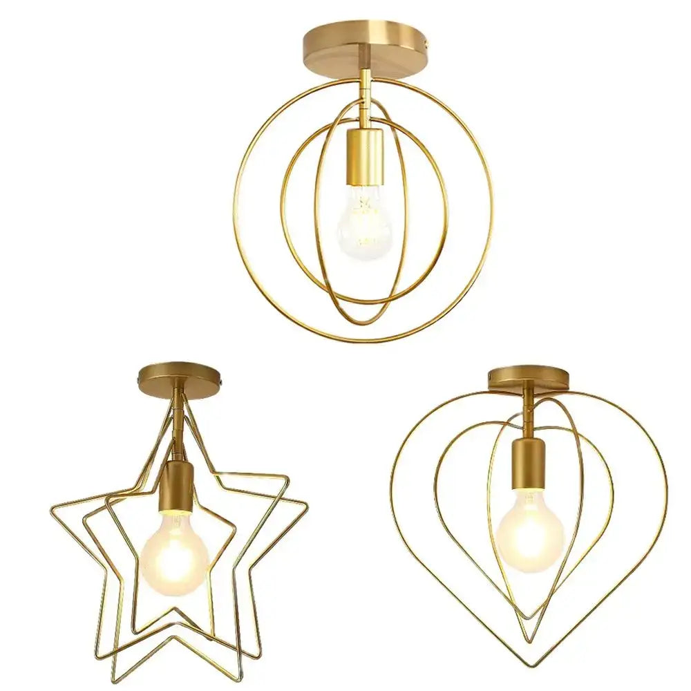 Vintage gold metal cage pendant light with exposed bulb designs in circular star and heart shapes for restaurant decor