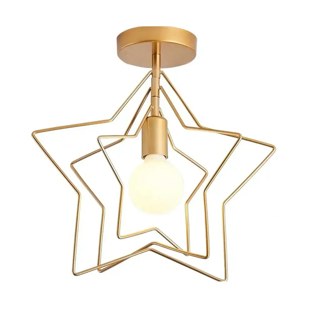 Vintage gold metal cage pendant light with star-shaped layered wireframe design and central bulb for restaurant decorbites gold metal