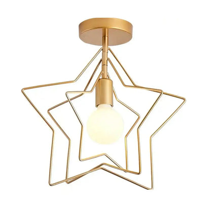 Vintage gold metal cage pendant light with star-shaped layered wireframe design and central bulb for restaurant decorbites gold metal