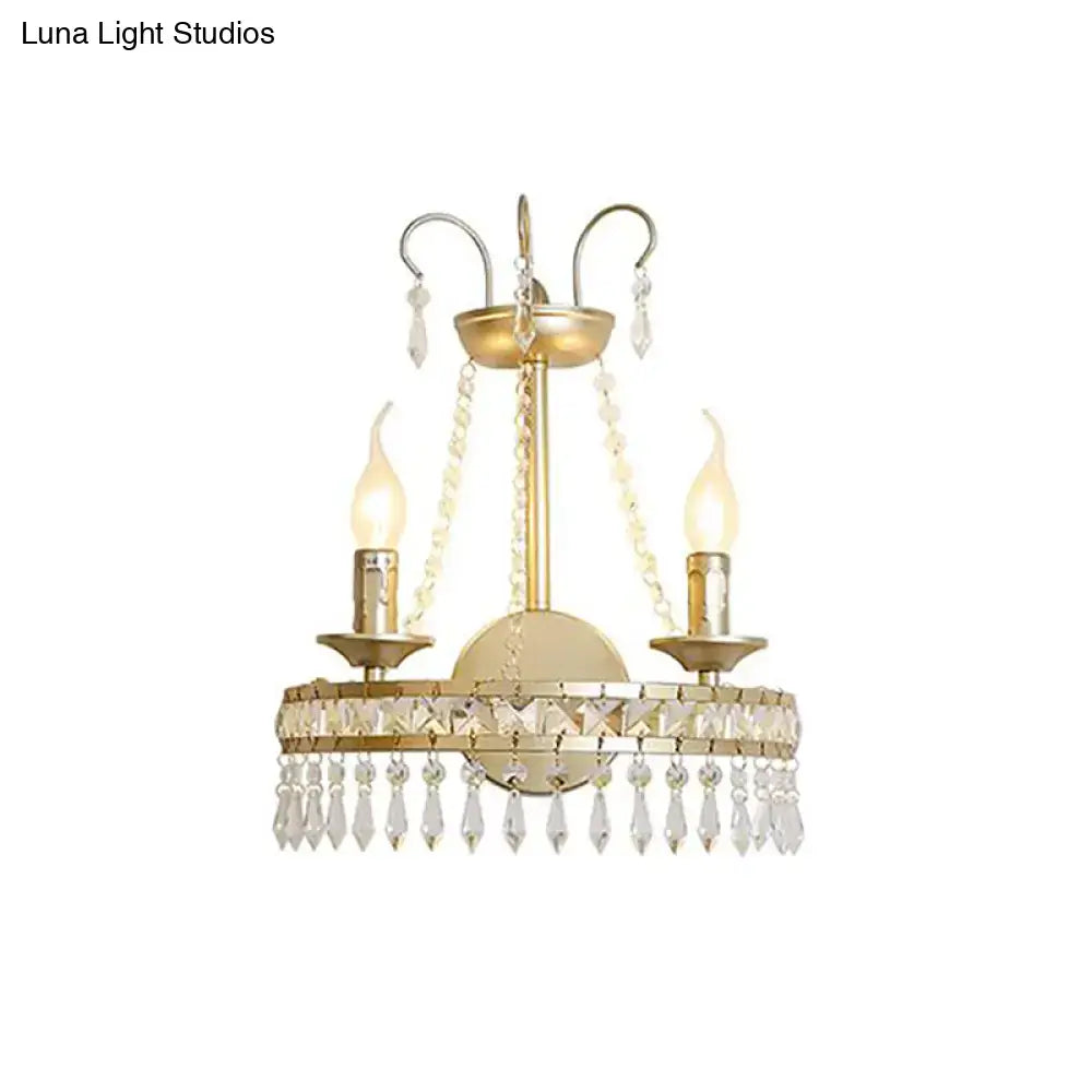 Vintage gold metallic exposed wall lamp with three candle-style bulbs and crystal bead accents for hallway use