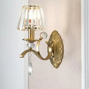 Vintage gold metallic wall lamp with crystal fringed shade and dangling crystals for bedroom lighting