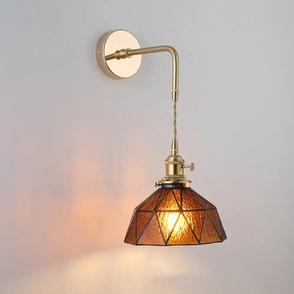 DecorBites vintage single-bulb bedside wall light in antique brass with faceted amber shaded glass wall fixture
