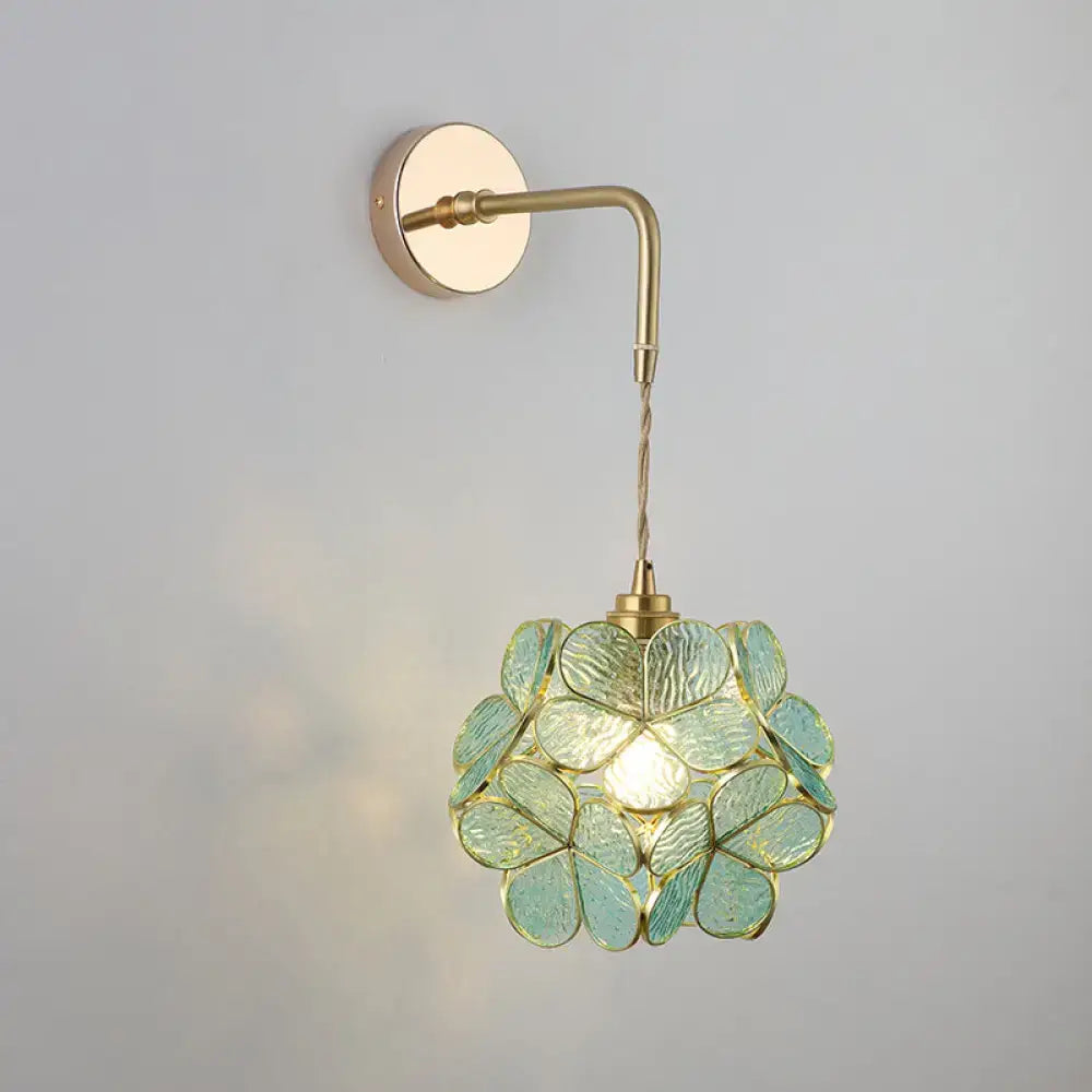DecorBites™ vintage brass wall light with translucent blue shaded glass wall petals for bedside use