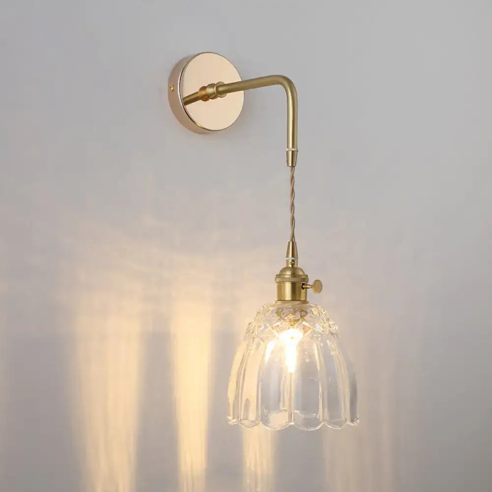 DecorBites™ vintage single-bulb brass wall light with clear fluted shaded glass wall light fixture in gold