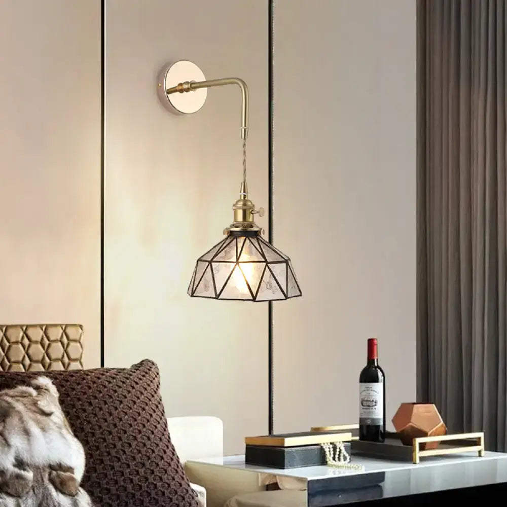 DecorBites vintage single-bulb brass wall light with faceted shaded glass wall light in gold for bedside use