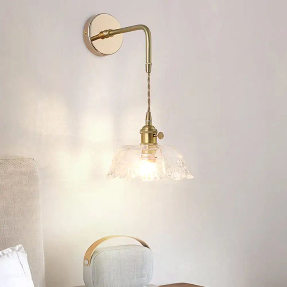 DecorBites™ vintage brass wall light with curved arm and ornate shaded glass wall light for bedside use