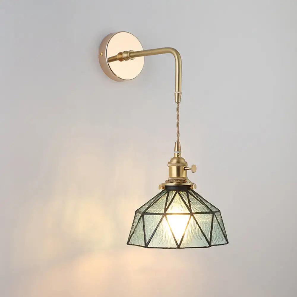 DecorBites vintage brass wall light with geometric green-tinted shaded glass wall light fixture for bedside use