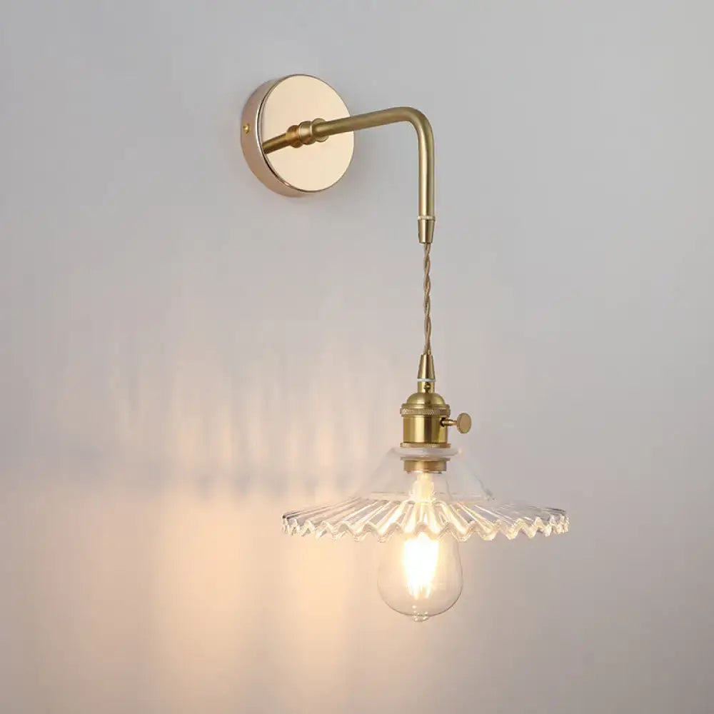 DecorBites vintage single-bulb bedside wall light in brass with shaded glass wall scalloped shade and exposed bulb