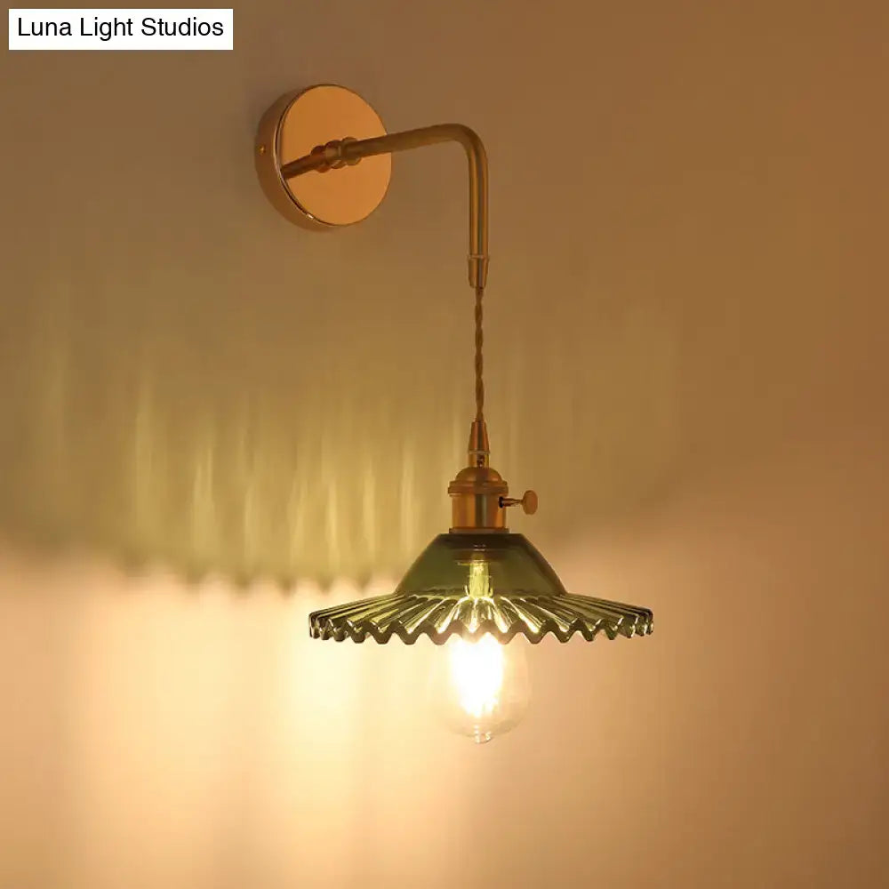 DecorBites vintage single-bulb bedside wall light with brass metal arm and olive-green shaded glass wall fixture