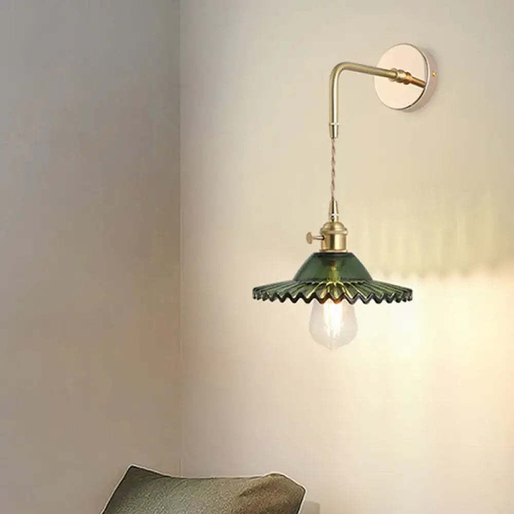 DecorBites™ vintage single-bulb bedside wall light with brass arm and dark green shaded glass wall fixture
