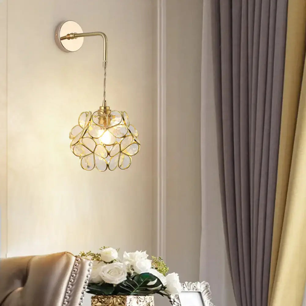 Gold-toned DecorBites vintage single-bulb wall light with a shaded glass wall fixture featuring translucent flower-like petals