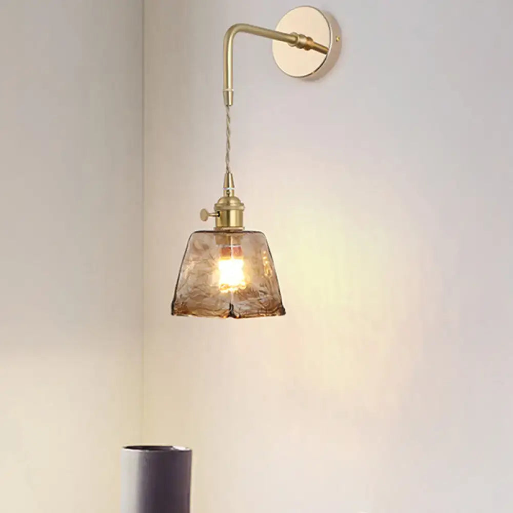 DecorBites vintage single-bulb roadside wall light in gold with a warm-toned brass frame and shaded amber glass wall light