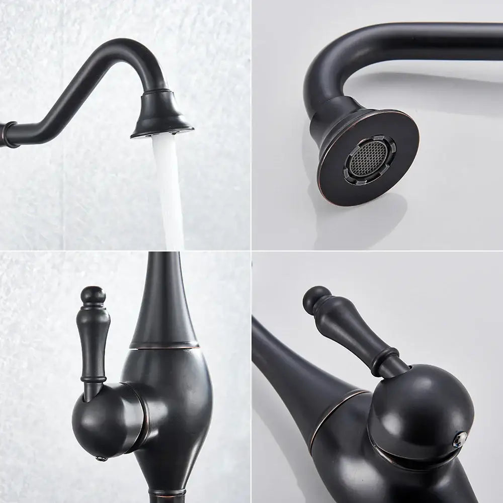 Black matte single handle basin faucet with curved spout and ornate handle design for decorbites golden basin use