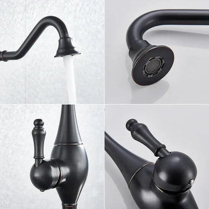 Black matte single handle basin faucet with curved spout and ornate handle design for decorbites golden basin use