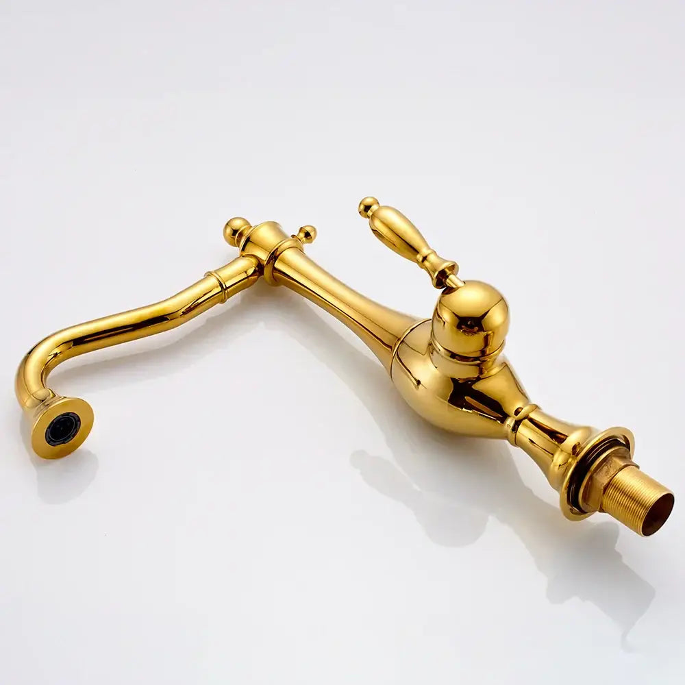 Vintage gold single handle basin faucet in golden brass finish with ornate vintage design for bathroom decorbites basin faucet