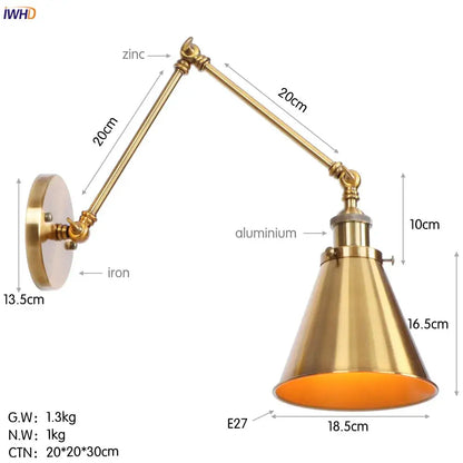 Vintage gold swing arm wall lamp with brass finish, adjustable conical shade, and articulated arm for bedroom use