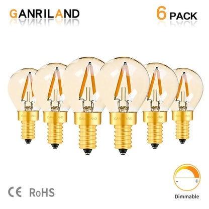 Set of six vintage-style amber glass decorbites gold tint g40 led filament bulbs with gold screw bases for warm bedroom light