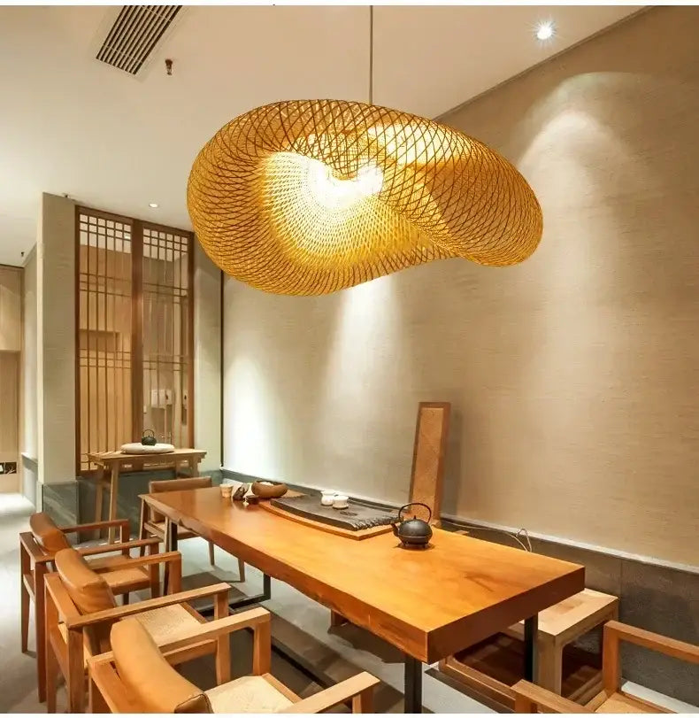 Vintage golden bamboo led pendant light with handcrafted weave and warm glowing illumination for dining room