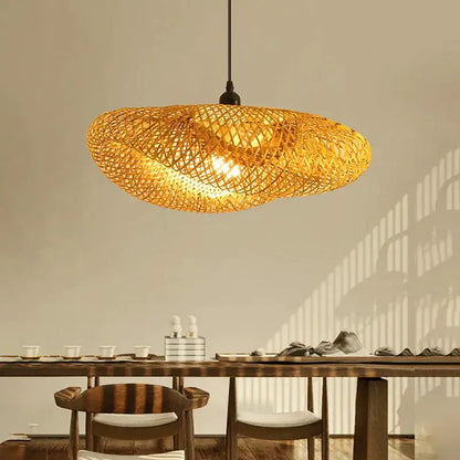 Vintage golden bamboo led pendant light with handcrafted weave and warm glowing interior for dining room use