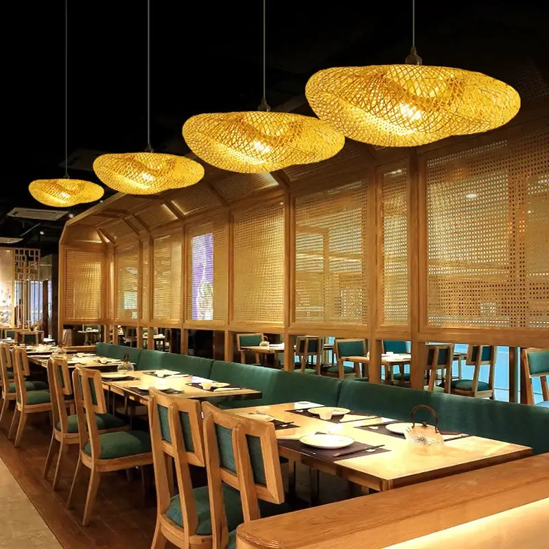 Vintage golden bamboo led pendant lights handcrafted woven pendant light hanging in dining room ceiling
