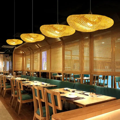 Vintage golden bamboo led pendant lights handcrafted woven pendant light hanging in dining room ceiling