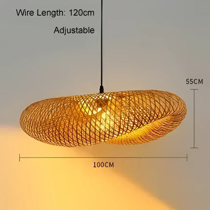 Vintage golden bamboo led pendant light with 55cm diameter and adjustable 120cm wire emitting warm ambient glow