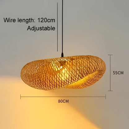 Vintage golden bamboo led pendant light with handcrafted weave and adjustable 120cm wire providing warm illumination