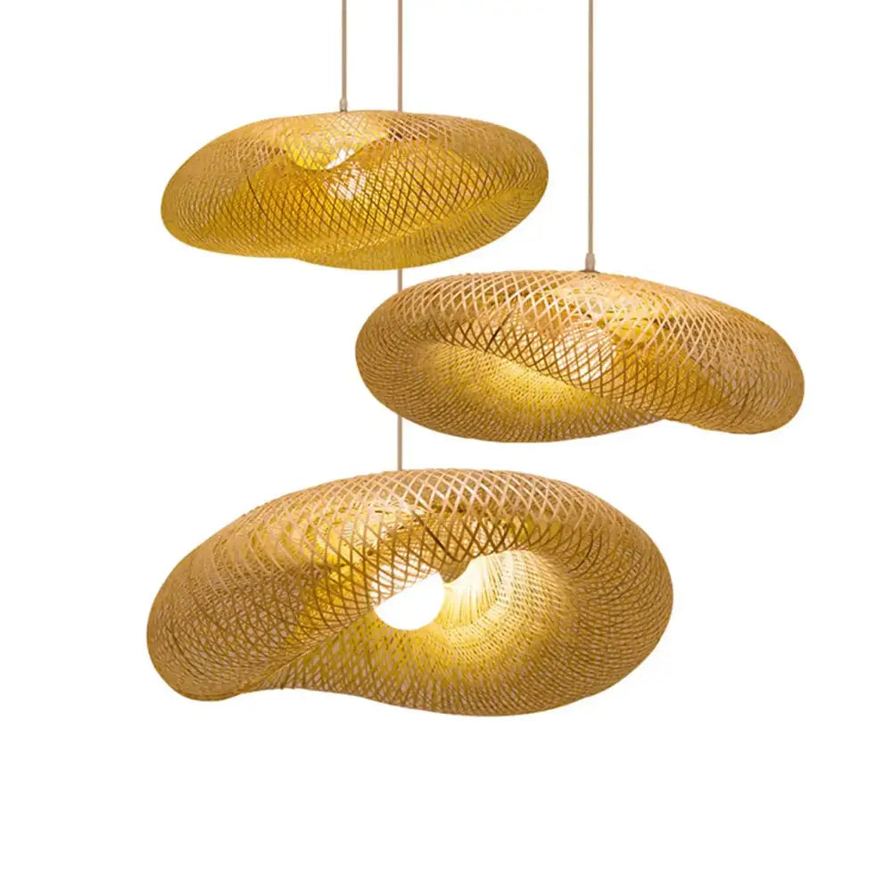 Three golden vintage bamboo weave led pendant lights with natural organic design for dining room lighting