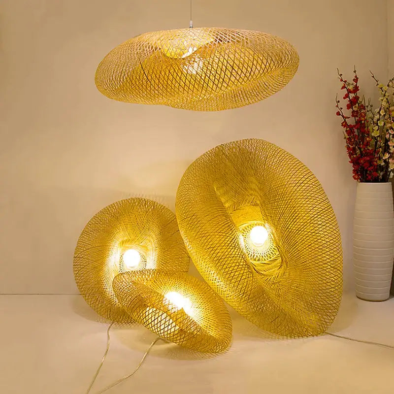 Vintage golden bamboo weave led pendant light and floor lamps with natural textured lattice design for dining room