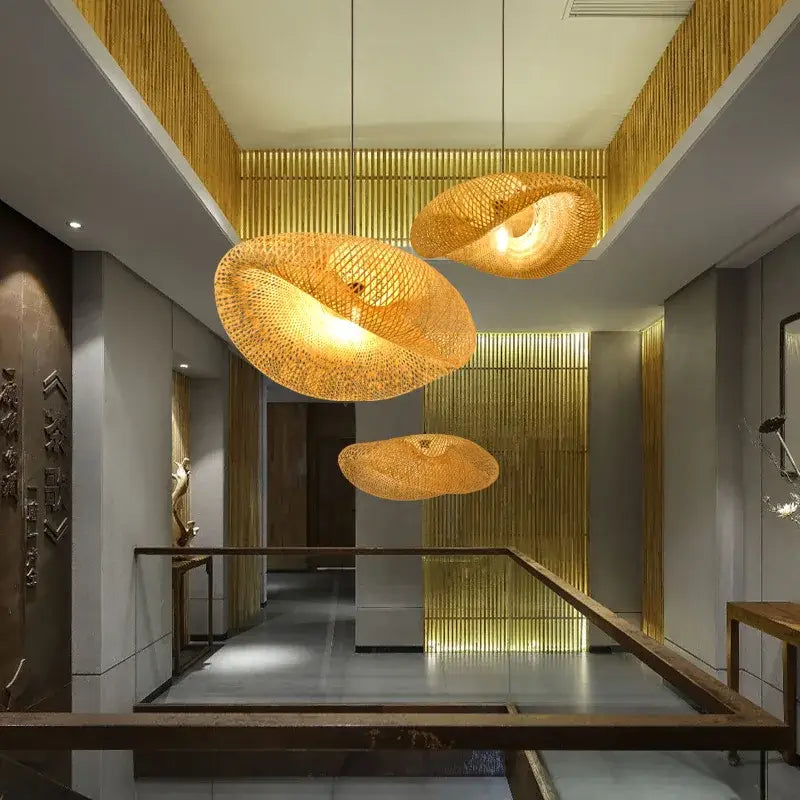 Vintage golden bamboo weave led pendant light with a warm glow for dining room decor and ambient lighting