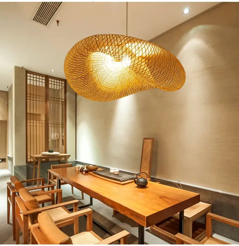 Vintage golden bamboo weave led pendant light with warm glowing illumination for dining room pendant light use