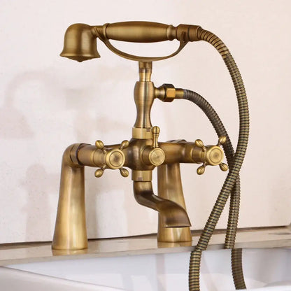 Antique brass decorbites golden bathtub faucet with three ornate handles and floral handshower for bathroom decor