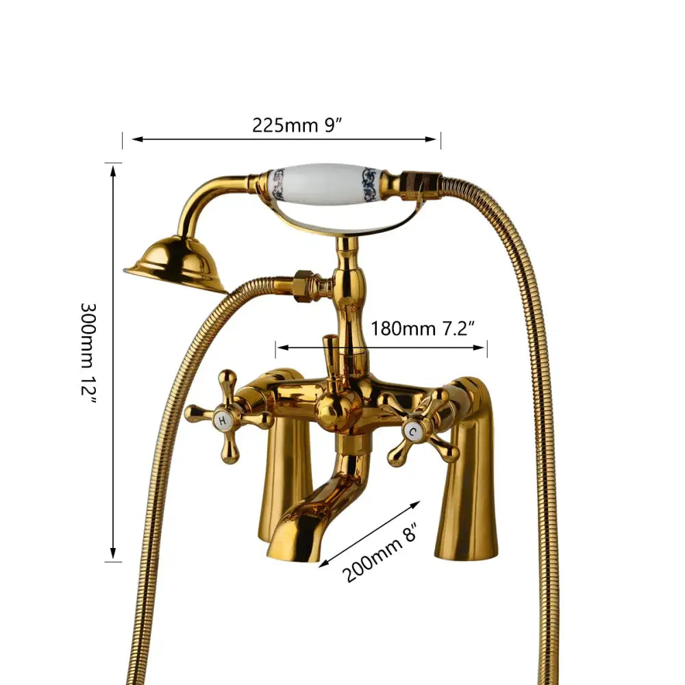 Vintage decorbites golden bathtub faucet with gold finish white ceramic handle and blue floral detailing for bathroom decorbites golden