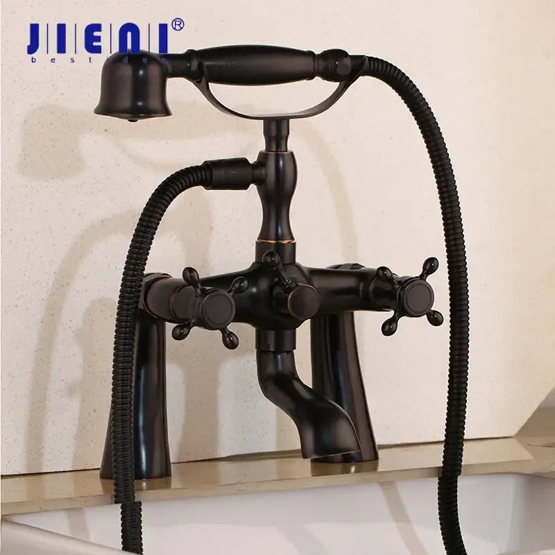 Black antique brass bathtub faucet with three cross-handle knobs and handheld floral shower for decorbites golden bathtub decor