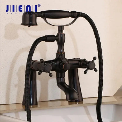Black antique brass bathtub faucet with three cross-handle knobs and handheld floral shower for decorbites golden bathtub decor