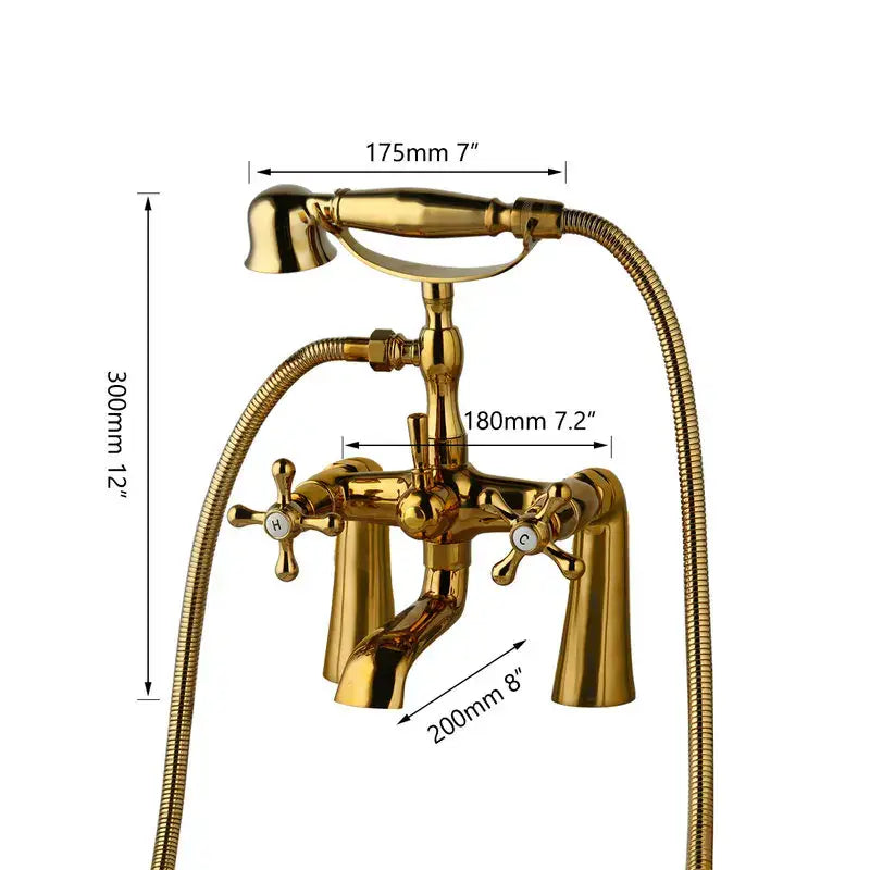 Vintage golden bathtub faucet with brass finish featuring floral handshower and two cross-handle controls by decorbites golden