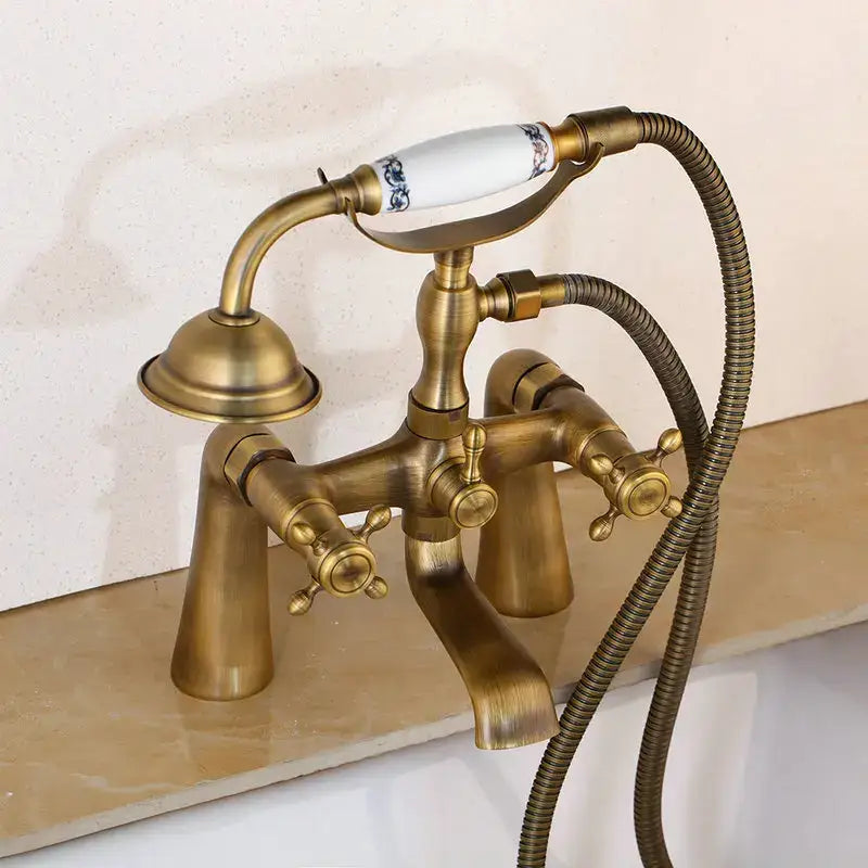 Vintage decorbites golden bathtub faucet with antique brass finish white ceramic handle and blue floral patterns