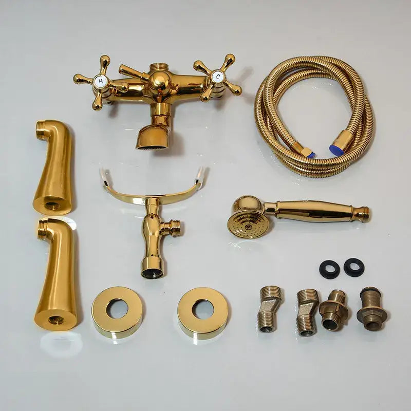 Vintage decorbites golden bathtub faucet set with gold-finished brass cross handles and matching floral handshower