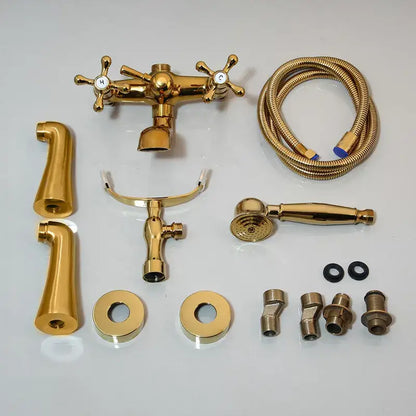 Vintage decorbites golden bathtub faucet set with gold-finished brass cross handles and matching floral handshower