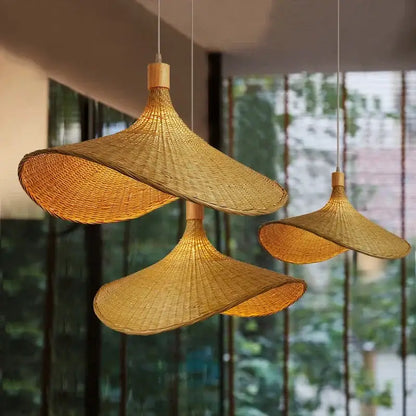 Vintage golden brown bamboo wicker chandelier featuring golden woven bamboo pendant lights with rustic design for dining room