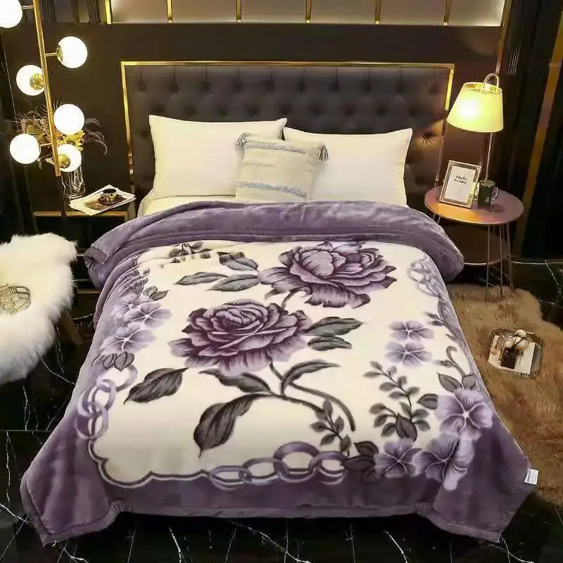 Purple floral double layered raschel blanket with plush velvety texture and scalloped edge trim vintage style