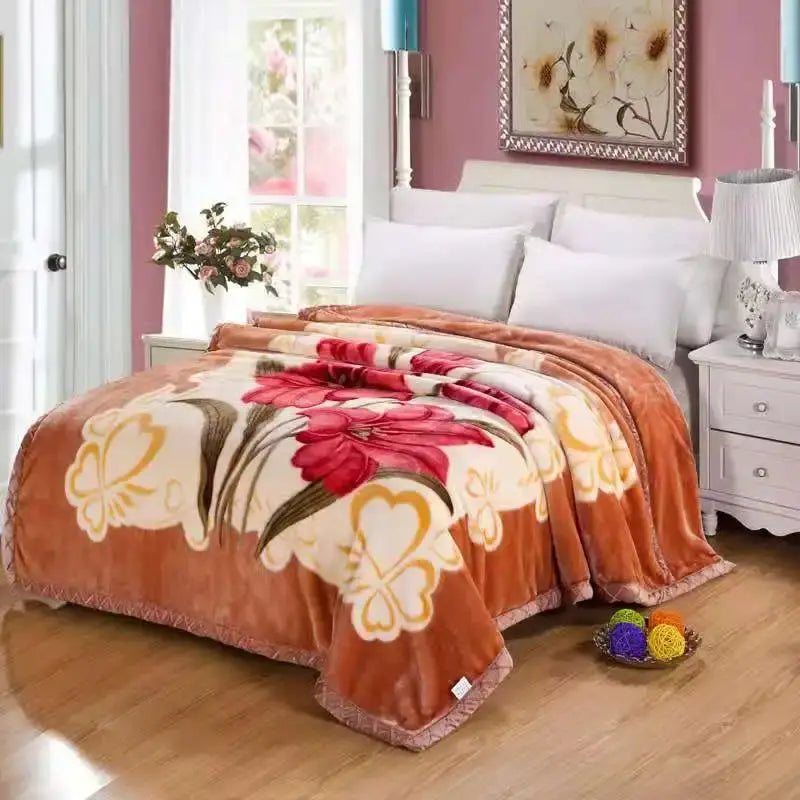 Vintage gray double layered raschel blanket with plush orange and cream throw featuring red blossoms and yellow butterflies