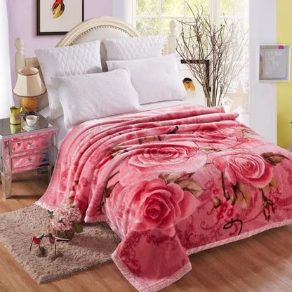 Pink floral throw blanket with plush velvety texture and embroidered roses in vintage gray double layered raschel style